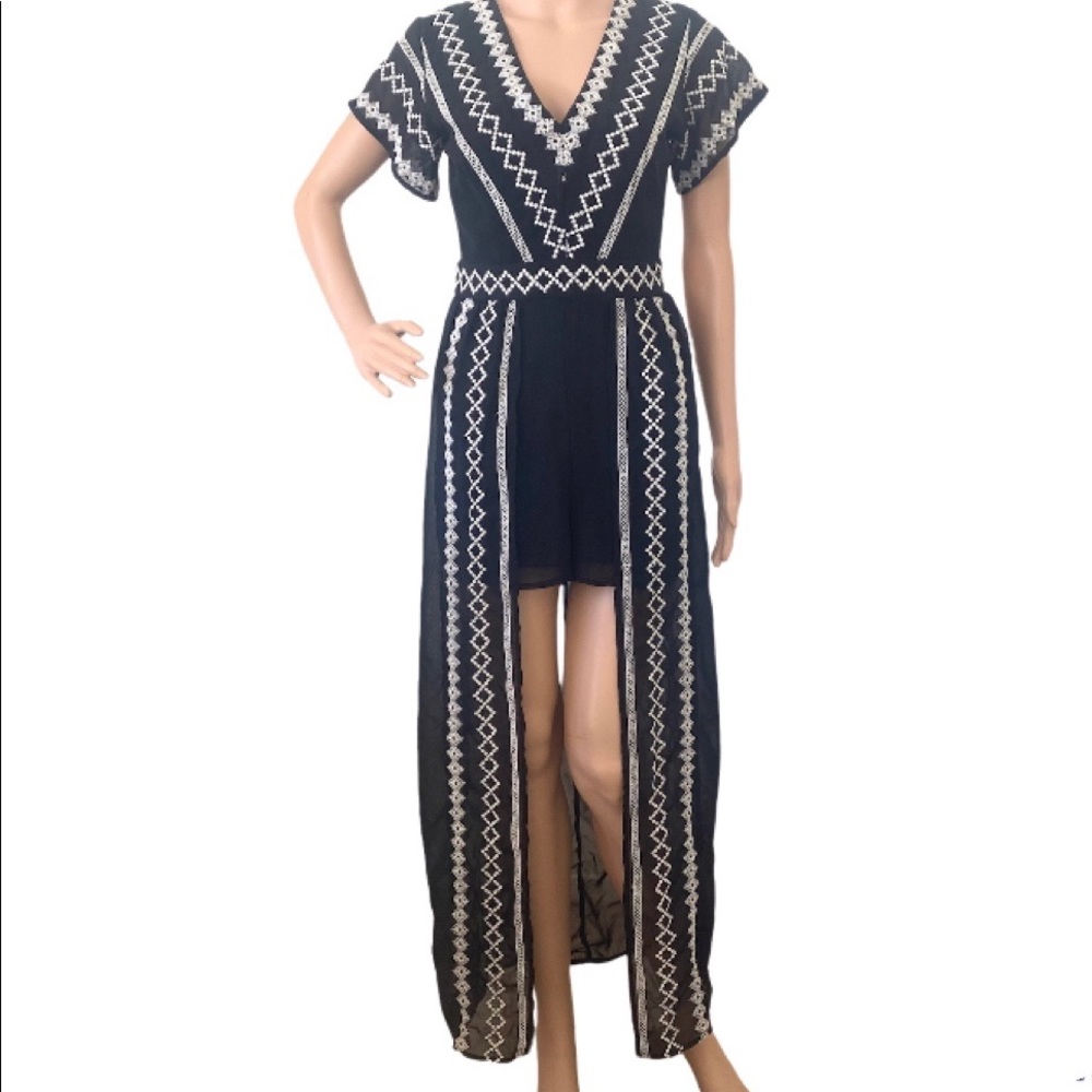 Juniors Crystal Sky Black & White Embroidered Overlay Romper